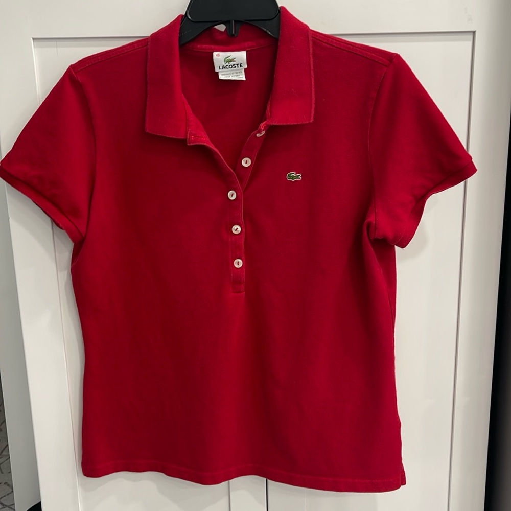 Lacoste women’s red size 46 polo short sleeve 5 button collared shirt